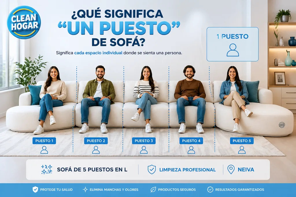 Infografía Clean Hogar: un puesto de sofá equivale a cada espacio individual donde se sienta una persona. Ejemplo con sofá de 5 puestos.